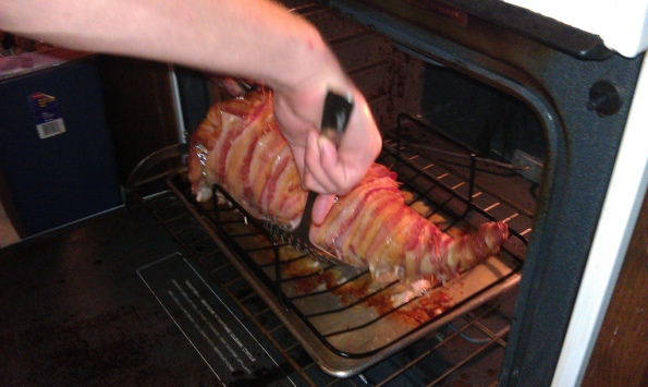 How to make a bacon cornucopia step 13: Flip the bacon cornucopia.